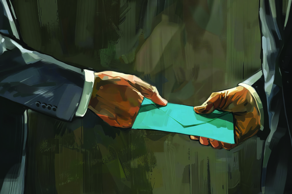 businessman accepting bribe in envelope corruption and fraud con